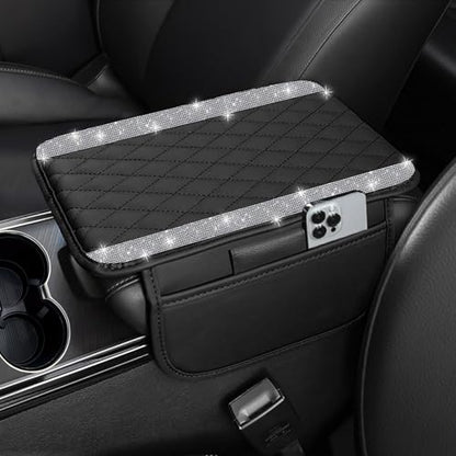 NBTEPEM Bling Car Center Console Cover, Leather Car Arm Rest Cover Cushion with 2 Storage Bags, Universal Auto Armrest Protector Storage Box, Bling Accessories Interior for Most Vehicles (Silver)