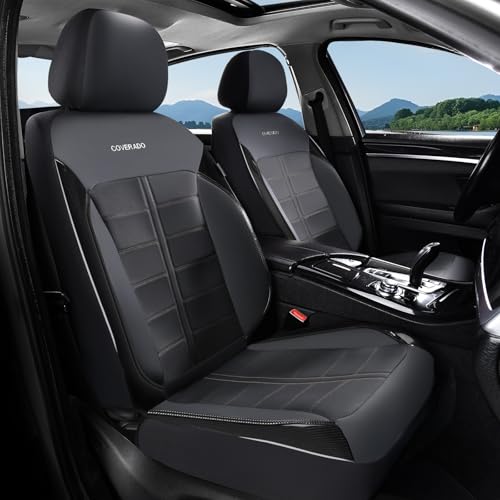 Coverado Front Seat Leather Covers, Full Leather Construction with Carbon Fibre Weave, Universal Fit for Most Cars SUV Trucks (Black) - color: Black, size: Front