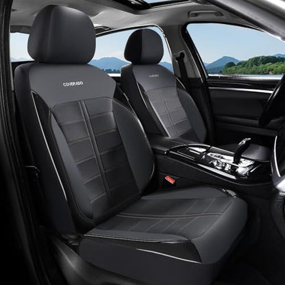 Coverado Front Seat Leather Covers, Full Leather Construction with Carbon Fibre Weave, Universal Fit for Most Cars SUV Trucks (Black) - color: Black, size: Front