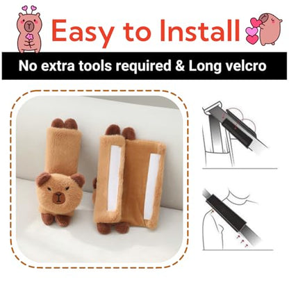 2 PCS Seat Belt Cover Pad, Cute Kawaii Animal Capybara Seatbelt Covers for Kids, Soft Seatbelt Cushion, Car Seat Strap Pads (Brown)