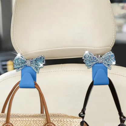 Bling Car Headreat Hook, 2PCS Crystal Rhinestone Cute Bow Vehicle Seat Back Hanger Storage for Purses Bags Grocery, Diamond Auto Rear Seat Organizer, Universal for SUV Truck Sedan (Light Blue) - style: Light Blue/4PCS