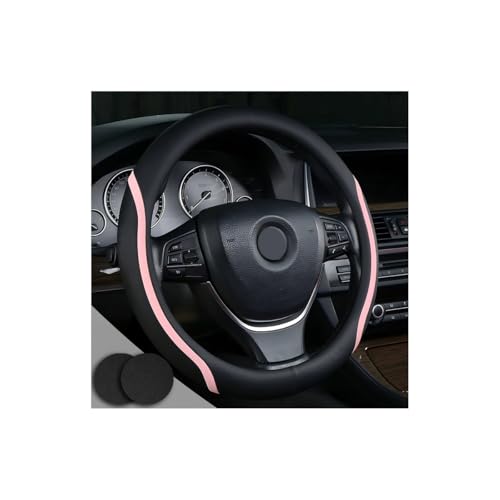 Steering Wheel Cover Black Pink, Leather Car Steering Wheel Covers with Coasters Universal 14.5-15 inch Microfiber Breathable Anti-Slip Steering Wheel Accessories Set - color: Pink, size: Medium