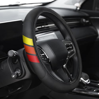 Premium Leather Steering Wheel Cover Compatible with Toyota Tacoma 4Runner Tundra TRD Camry Rav4 Cars, Universal Fit 14-15 Inch, Breathable, Comfortable Grip, Lightweight, Easy Install Accessory - color: Tri-color Yellow