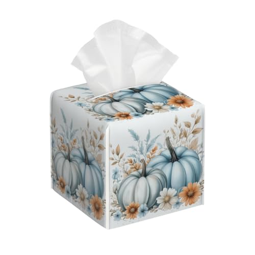Fall Tissue Box Cover PU Leather Square Tissues Holder Thanksgving Blue Pumpkin Floral Decorative Facial Paper Organizer Dispenser for Bedroom Bathroom Vanity,Home Office Car - color: Blue White Orange