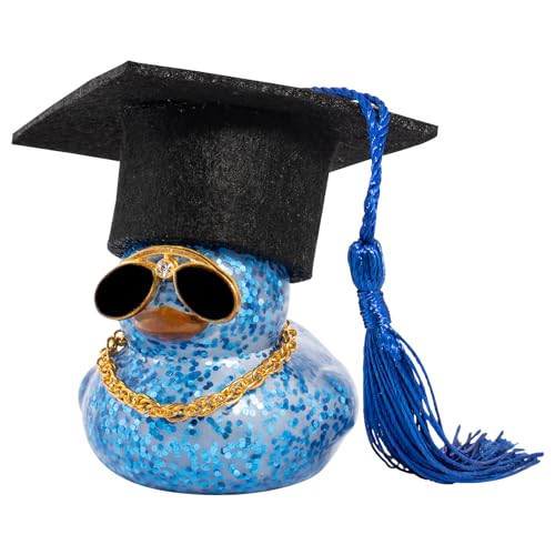 wonuu Car Dashboard Decor Graduation Hat Color Rubber Duck, Car Ducks Ornaments with Mini Graduation Hat Necklace Sunglasses (Dark Blue) - color: Dark Blue, style: Glitter