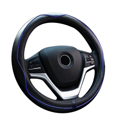 Valleycomfy Steering Wheel Covers Universal 15 inch - Genuine Leather, Breathable, Anti Slip & Odor Free (Black with Blue Lines, M(14" 1/2-15" 1/4)) - color: Black with Blue Lines, size: M(14"1/2-15"1/4)
