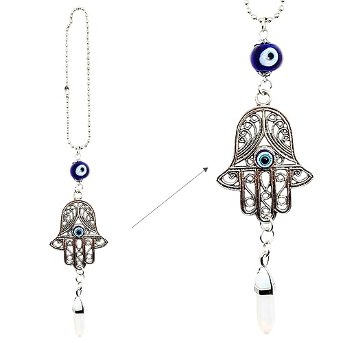 LUCKBOOSTIUM Hamsa Hand Evil Eye Amulet - Car Hanging Ornament, Rearview Mirror Charm, Gemstone Car Accessory for Protection, Good Fortune & Spiritual Energy (2"x11", Opal) - color: Opal