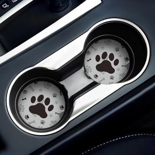 Absorbent Car Coasters 2 Pack for Cup Holders, 2.56" Ceramic Stone & Non-Scratch Cork Base Drink Coasters Dog Footprints