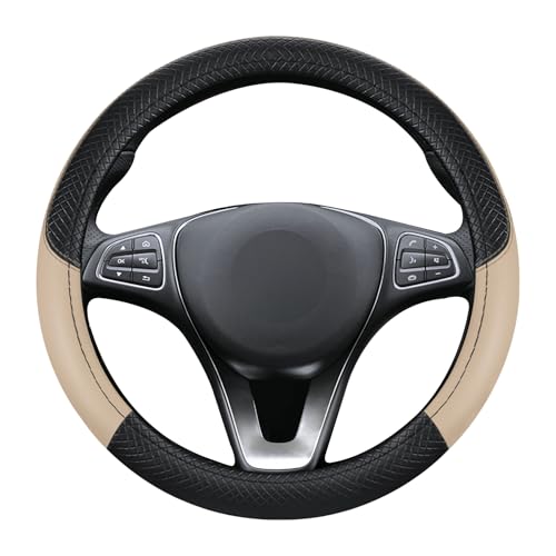 Black & Beige Car Steering Wheel Cover, Microfiber, Leather Patchwork, Universal 14.5-15 Inch Leather Anti-Slip Breathable Auto Steering Wheel Covers for Men Women - color: Black & Beige