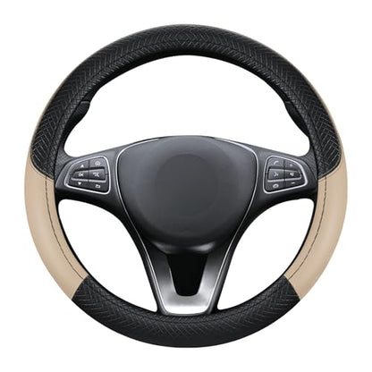 Black & Beige Car Steering Wheel Cover, Microfiber, Leather Patchwork, Universal 14.5-15 Inch Leather Anti-Slip Breathable Auto Steering Wheel Covers for Men Women - color: Black & Beige