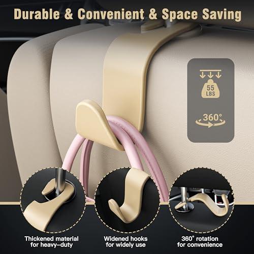 4-Pack Car Headrest Hooks Vehicle Storage Organizer for Purses Handbags Groceries Coats –Holds 55lbs 360° Rotating Simple Design Beige - color: L-Beige