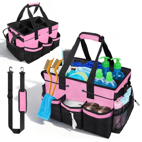 ALSLEA Large Cleaning Caddy Bag - 15" x 10.5" x 9" Heavy-Duty Organizer Tote for Housekeepers, Janitors & Home Cleaning Supplies with Adjustable Shoulder Strap & Multiple Pockets (Pink) - color: Pink