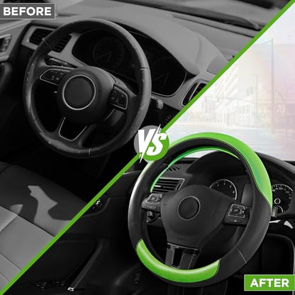 Road Comforts Steering Wheel Cover – Breathable Leather Steering Wheel Cover, Anti-Slip Grip, Universal Fit 14.5” to 15”, Heat & Cold Resistant for Cars, SUVs, and Trucks – Black & Shining Green - color: Black&Green