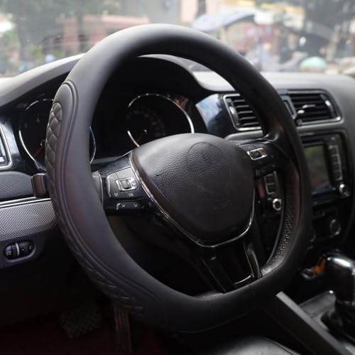 Leather Steering Wheel Cover Compatible with Volkswagen VW Tiguan Atlas ID.4 Taos Golf Passat Jetta Polo Beetle Touareg Cross Sport D Shaped Steering Wheel Accessories, Black 2026