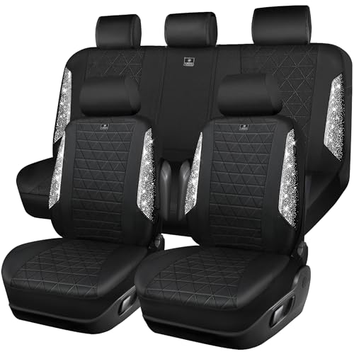 CAR PASS Oxford Bling Diamond Car Seat Covers Full Set Interior Sets, Waterproof Shining Glitter Sparkly Crystal Universal Armrest Fit 95% Automotive Truck SUV Cute Women Girl, Black Silver Rhinestone - color: Silver-Oxford, size: Full Set