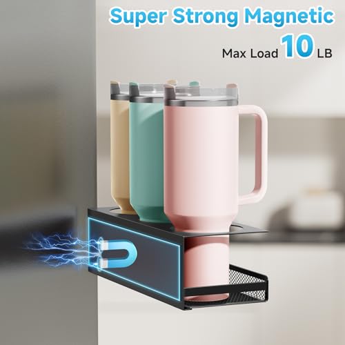 4 Pack Magnetic Cup Holder for Fridge, 40 OZ Metal Tumbler Holder for Stanley Cup, Magnetic Water Bottle Organizer with Lid Straw Holder Set Heavy Duty (Black)