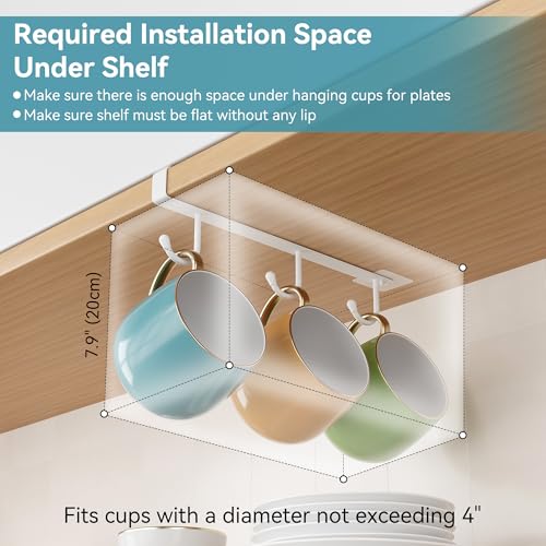 Adhesive Cup Holder Under Cabinet - 3pcs x 6 Hook Coffee Cup Mug Holder for Kitchen, Fit for 1 Inch Thickness Shelf or Less - White