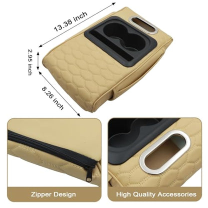 Priprilod Beige Car Center Console Armrest Pillow, Memory Foam with Cup Holder and Cell Phone Holder, Multifunctional Car Center Console Organizer, Universal Fit for Most Vehicles - color: Beige Tan