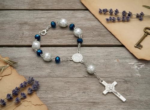One Decade Car Rosary Navy Blue Glass Prayer Beads with St. Benedict Medal & Crucifix Spiritual Protection Rearview Mirror Accessory Catholic Gift for Travelers - color: Navy Blue