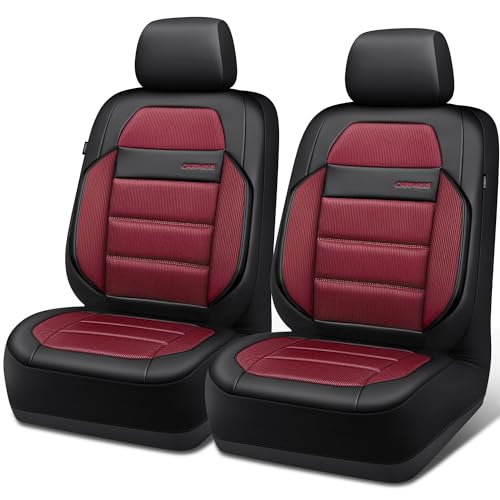 CAR PASS Memory Foam Seat Covers Front, Airy Cool Mesh Thick Car Seat Covers, Leather Car Seat Covers Front Seats Airbag Compatible, Universal Automotive Comfort for Most Cars, Trucks, SUV, Burgundy - color: Burgundy