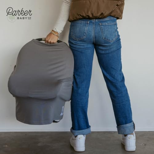 Parker Baby 4 in 1 Car Seat Cover for Girls and Boys - Stretchy Carseat Canopy, Nursing Cover, Grocery Cart Cover, High Chair Cover - “Pewter” - color: Pewter