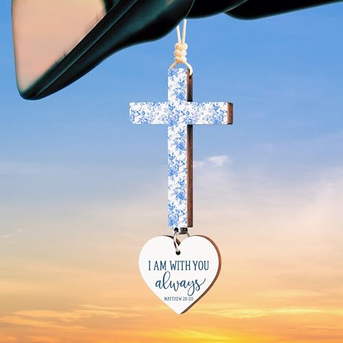Cross for Car Mirror Hanging Christian Gifts for Men, Dad, Women, Bible Study - Scan Phone for Daily Bible Verse Car Rearview Decor Accessories for Truck Driver, Jesus Religious Gift - color: Matthew 28:20 - Blue