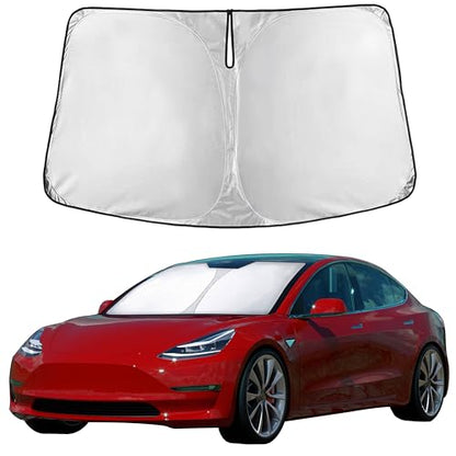 EcoNour Windshield Sun Shade Compatible for Tesla Model 3 & Model Y Juniper 2017-2024 2025 2026, Sun Visor for EV Front Window Sunshade, Foldable Heat & UV Protector, Car Accessories - size: for Tesla Model 3/Y 2017-2026