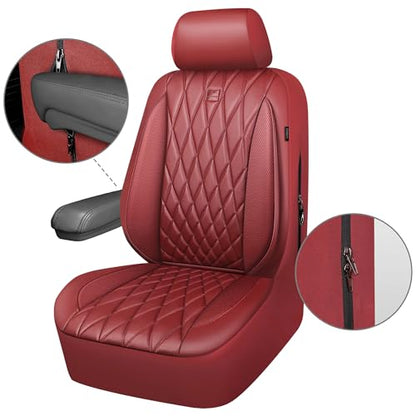 CAR PASS Piping Luxury Faux PU Leather Two Front Car Seat Covers, Waterproof Anti Slip Premium Automotive Seat Covers,Universal Fit for Suvs,Vans,Trucks, Armrest Airbag Compatible, Burgundy Red - color: All Red Burgundy, size: Two Front
