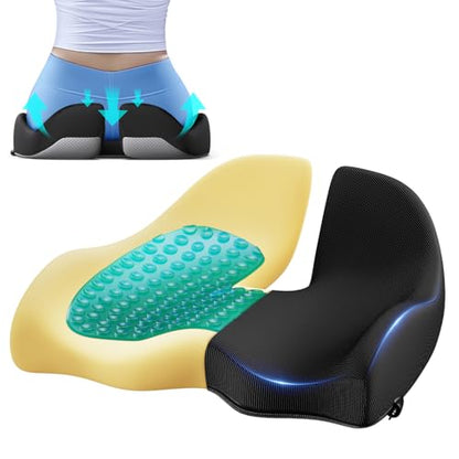 Benazcap Large Cooling Gel Seat Cushion for Office Chair Ergonomic Cushions-Gel & Memory Foam Coccyx Butt Pillow for Sciatica & Back Pain Relief for Long Sitting for Gaming Chair and Car Seat-Black