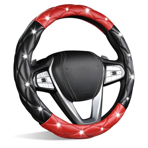 SuperKaKa Black and Red Steering Wheel Cover, Auto Diamond Style Cute Bling Comfort Car Interior Accessories Protector Sparkly Fit Most O-Shaped Steering Wheels - color: Black&Red