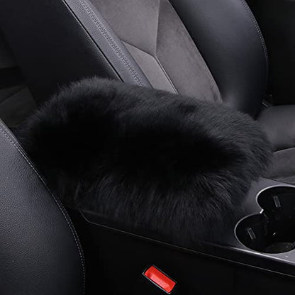 LLB Auto Center Console Cover Pad Universal Fit for SUV/Truck/Car, Genuine Sheepskin Wool Fur Car Armrest Seat Box Cover, Furry Fluffy Auto Armrest Cover Protector (Black) - color: Black