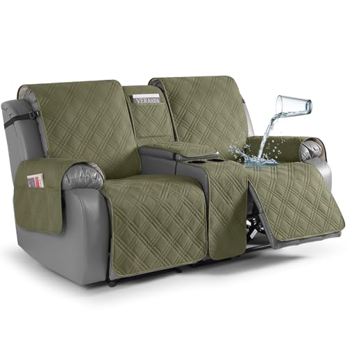 TAOCOCO Loveseat Recliner Cover with Center Console, 100% Waterproof Pet Cover for Dual Recliner with Straps Design, Split Reclining Loveseat Covers Furniture Pet&Kids Protector (2 Seater, Green) - color: Green, size: 2 Seater