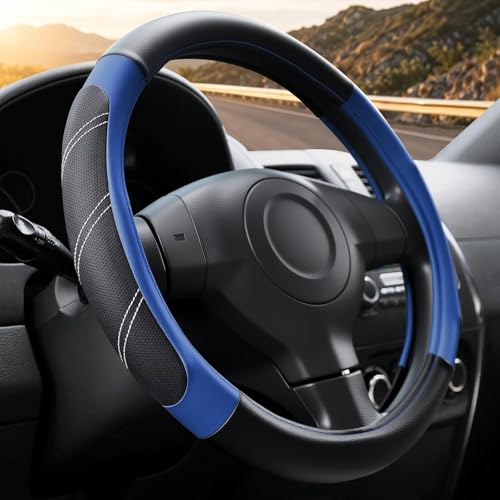 Black and Blue Line Punching Car Steering Wheel Cover, Microfiber Leather Sports, 14.5-15 in Universal Leather Wheel Covers, Breathable Fashion Anti-Slip, Steering Wheels Accessories for Men Women - color: Line Punching-Black and Blue