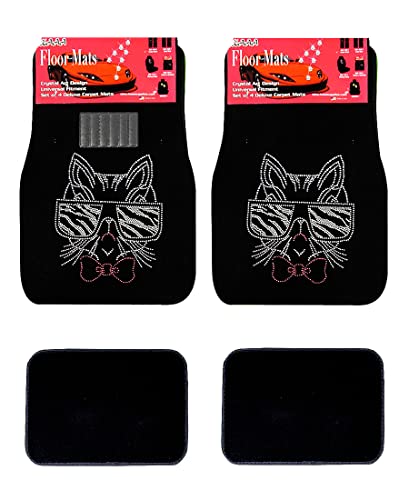 Universal Fit Car Truck Front/Rear 4-Piece Full Set Crystal Bling Rhinestone Studded Black Carpet Floor Mats (Cat Sunglass/Black) - color: Cat Sunglass/Black