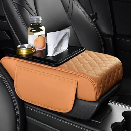 Center Console Cover Organizer, 5-In-1 Arm Rest Cover for Car with Cup Holder & Storage Pocket & Tissue Holder, Armrest Cover Cushion Pad, Grid, Orange - color: Orange, size: Grid