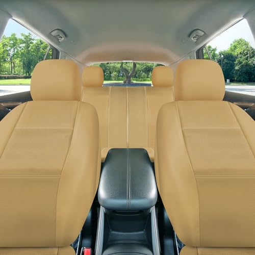 FH Group Three Row Car Seat Covers Deluxe Leatherette with 7 Seater, Airbag Compatible and Rear Split Bench– Universal Fit for Cars Trucks & SUVs (Beige) - color: Solid Beige, style: 3 Row 7 Seater