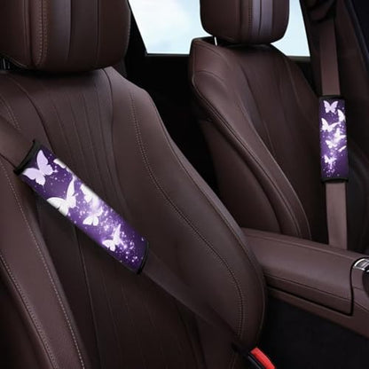 Dolyues Purple Auto Seat Belt Cover with Adjustable Shoulder Strap Pads, Butterfly Print Comfort Soft Seatbelt Cushion for Adult Women Men 2 Pack Full Sets Car Accessories - color: Butterfly Print