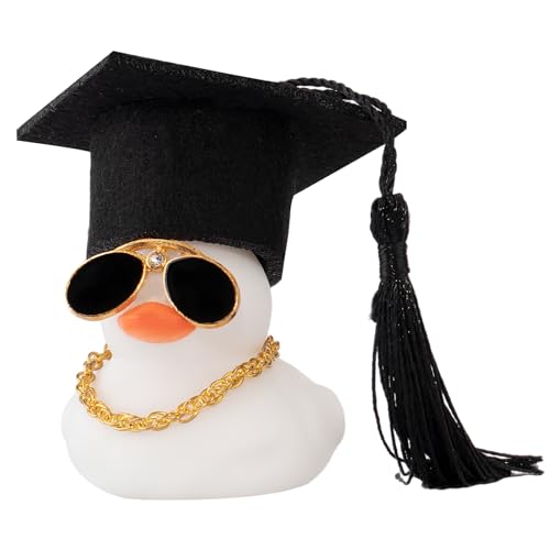 wonuu Car Dashboard Decor Graduation Hat Color Rubber Duck, Car Ducks Ornaments with Mini Graduation Hat Necklace Sunglasses (White) - color: White, style: Soild