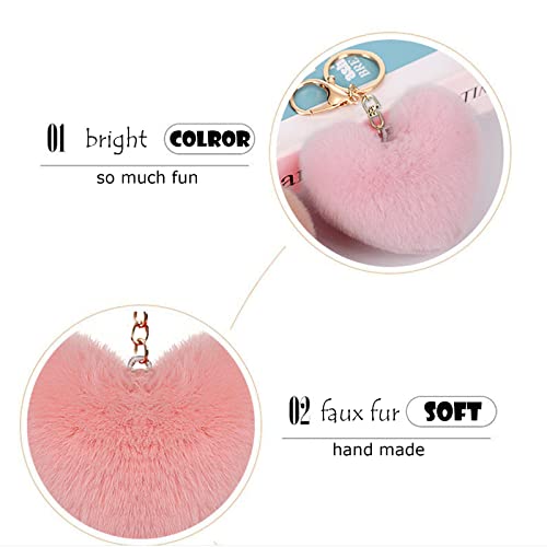 Cute Faux Rabbit Fur Ball Pom Pom Keychain Car Key Ring Handbag Tote Bag Pendant Purse Charm - color: Heart-pink