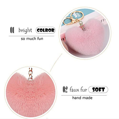 Cute Faux Rabbit Fur Ball Pom Pom Keychain Car Key Ring Handbag Tote Bag Pendant Purse Charm - color: Heart-pink