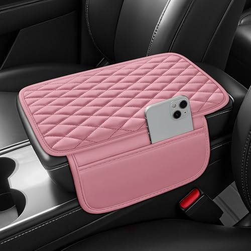 Waterproof Leather Car Center Console Pad with 2 Storage Bags, Auto Armrest Box Cover Protector, Comfortable Interior Accessories for Most Household Cars, Sedans & SUV (Pink) - color: Pink