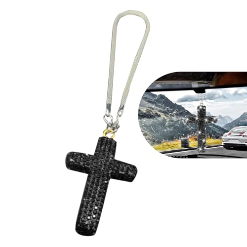 Cross for Car Mirror Hanging, Bling Crystal Cross Car Pendant, Rhinestone Rear View Mirror Hanging Ornament, Religious Charm Auto Interior Accessory, Universal Vehicle Decoration (Black) - color: Black