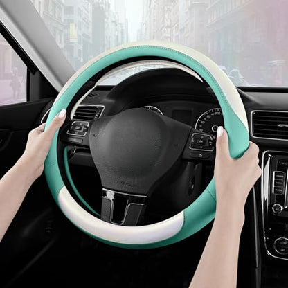 Road Comforts Steering Wheel Cover – Breathable Leather Steering Wheel Cover, Anti-Slip Grip, Universal Fit 14.5” to 15”, Heat & Cold Resistant for Cars, SUVs, and Trucks –Shining White & Mint - color: White&Mint