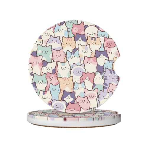 Cute Colorful Cats Car Coasters for Cup Holders,2 Pack Car Cup Holder Coasters for Car,Ceramic Absorbent Car Coaster with A Finger Notch and Cork Base,Car Interior Accessories for Women Men - color: Cute Colorful Cats