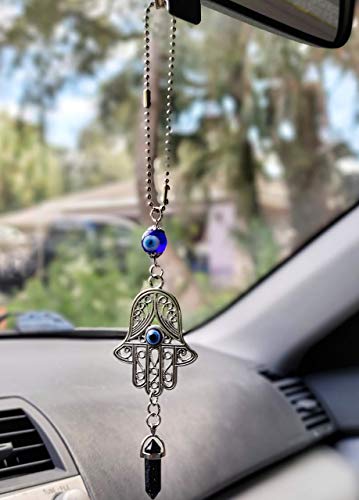 LUCKBOOSTIUM Hamsa Protection Amulet with Evil Eye – Car Hanging Ornament, Rearview Mirror Charm, Black Stone Good Luck Symbol, Positive Energy & Fortune Gemstone Decoration for Home or Auto (2"x11") - color: Black Stone