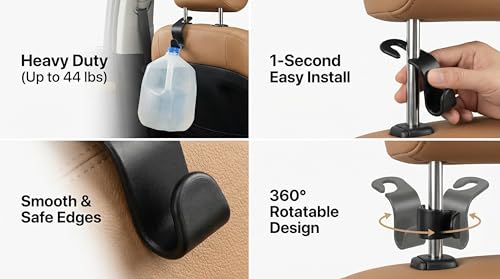4 Pack Car Seat Headrest Hooks - Universal Back Seat Hanger for Purses, Grocery Bags, and Handbags - Stylish Black Car Organizer Hooks for Interior Storage, Easy Installation, Fits Most Vehicles