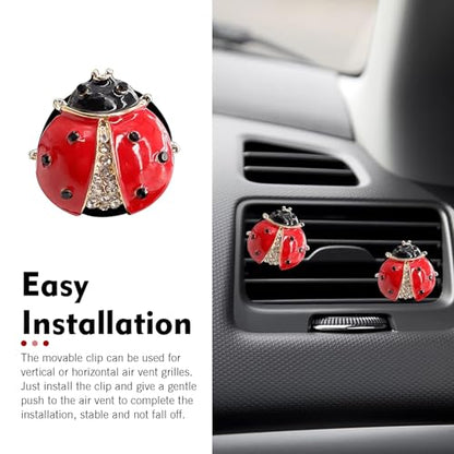 2 PCS Bling Car Air Vent Clips, 3D Rhinestone Lady Beetle Straight Outlet Ornament, Alloy Rustproof Refillable Diffuser Clip, Interior Decoration Part for Woman Girls (Red)