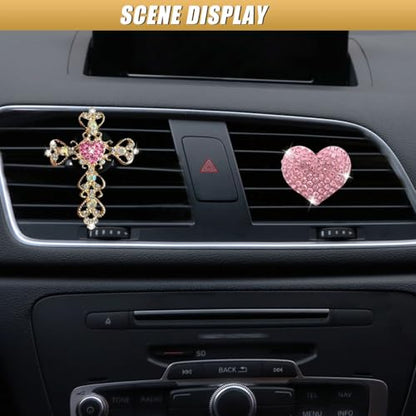 2PCS Bling Cross & Heart Car Dashboard Air Vent Trim Clip, Sparkly Rhinestone Car Air Vent Clips, Diamond Auto Diffuser Charm Clip, Auto Interior Decoration Accessory for Women Girls (Pink) - size: Pink