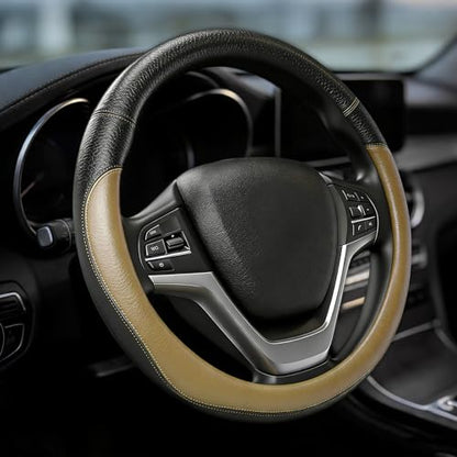 Car Steering Wheel Cover, Durable Leather Cover with Anti-Slip Lining, Microfiber PU Leather Elastic Steering Wheel Protector, Comfortable Non-Slip Steering Wheel Covers for Autos (Beige) - color: Beige