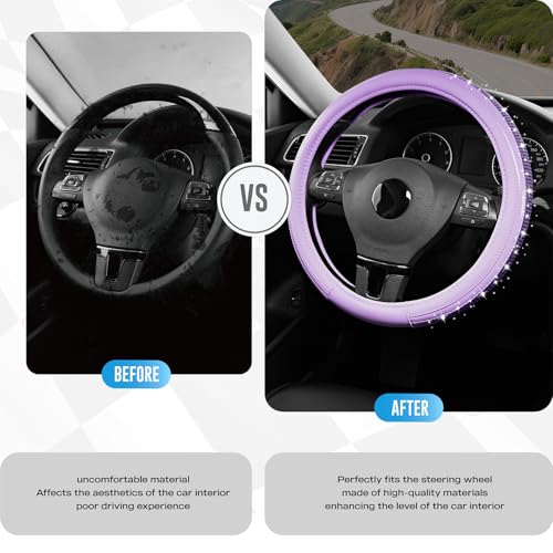 Road Comforts Bling Steering Wheel Cover – Purple Diamond Design, Universal Fit 14.5-15 Inch, Microfiber Leather, Anti-Slip & Breathable Design for Men and Women - color: Purple & Purple